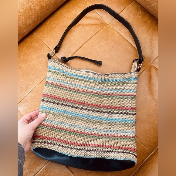 Wicker bag shoulder - multicoloured stripes - lined - Picture 4 of 6